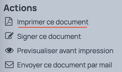 Plusieurs liens sont disponibles sur la facture à droite dont le lien pour imprimer la facture