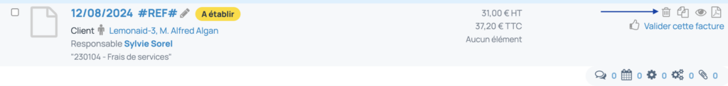 La facture à établir peut être effacée depuis la liste des factures en cliquant sur l'icône de poubelle.