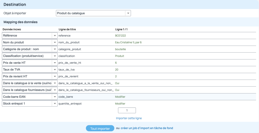 L'étape du mapping est importante car elle rapproche les colonnes du fichier avec les champs du logiciel. Cela permet donc d'intégrer les valeurs dans les bons champs.
