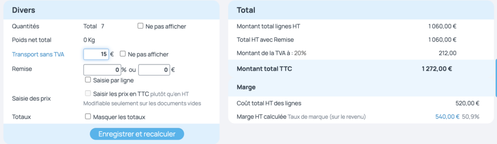 Frais de port sans TVA sur devis