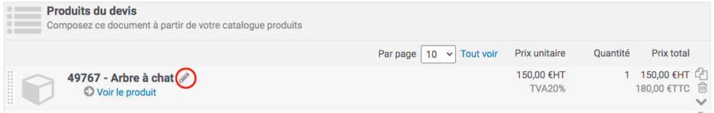 Pour mettre à jour la ligne, le clic sur le crayon au niveau du nom du produit est nécessaire