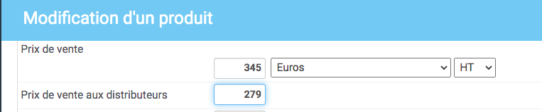 En modifiant le produit, on peut saisir le tarif distributeur