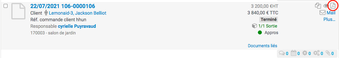 Clic sur l'icône fichier PDF du bon de livraison depuis la liste