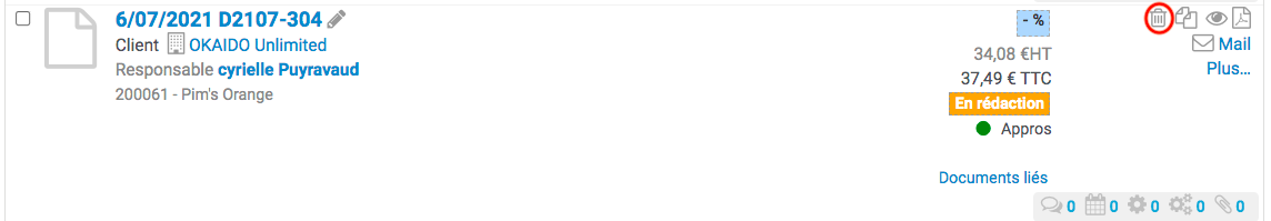 La corbeille désigne l'action de supprimer le devis