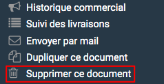 Le lien "Supprimer ce document" dans le bloc de raccourci sur la gauche permet de lancer la suppression du devis