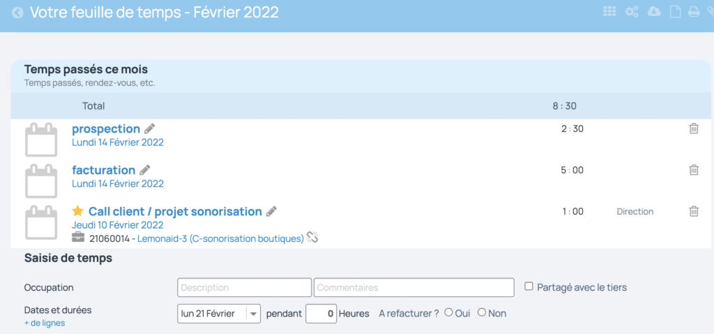 L'intégration des temps passés sur le mois sur la feuille de temps depuis l'onglet Vous ou depuis l'onglet Equipe