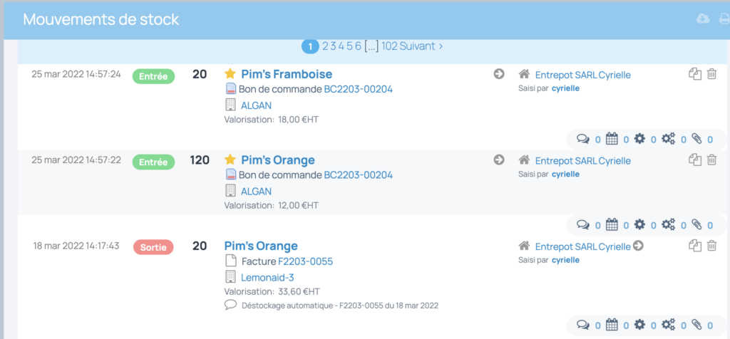 la liste des mouvements de stock présente les entrées, sorties, inventaire et transfert de stock de tous les produits