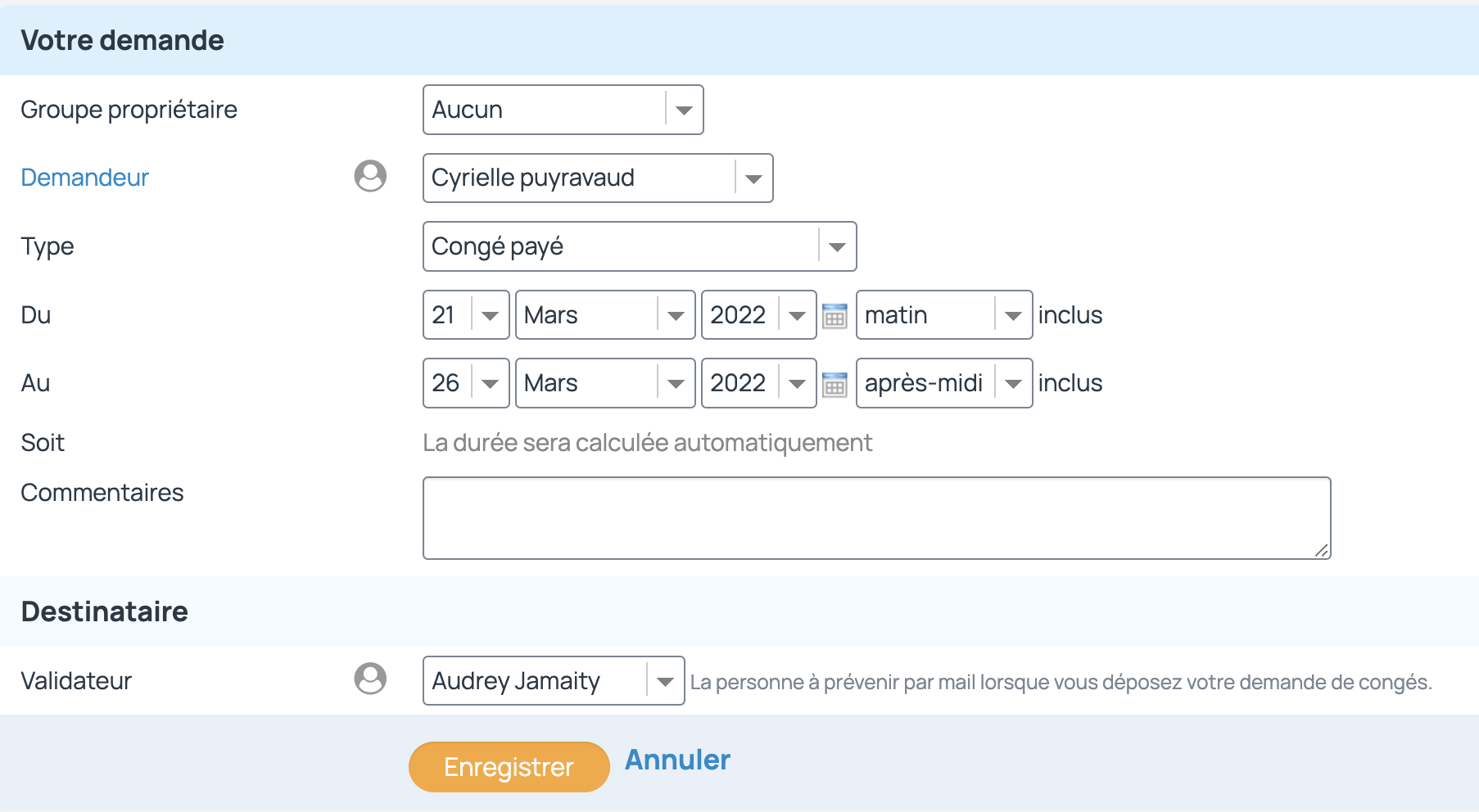 Ajout des congés pour la mettre en validation