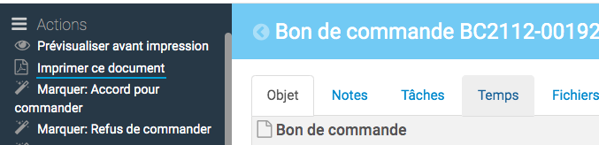 lien "Imprimer ce document" pour générer le PDF du bon de commande fournisseur et l'imprimer