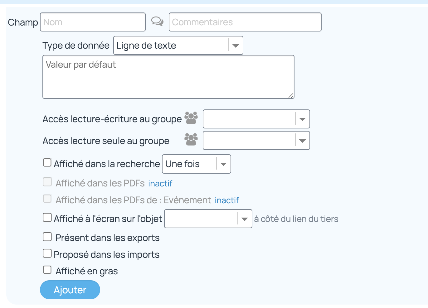 Pour ajouter de nouveaux champs utiles sur les objets, on peut créer des champs du type ligne de texte, liste, date, tableau, nombre...