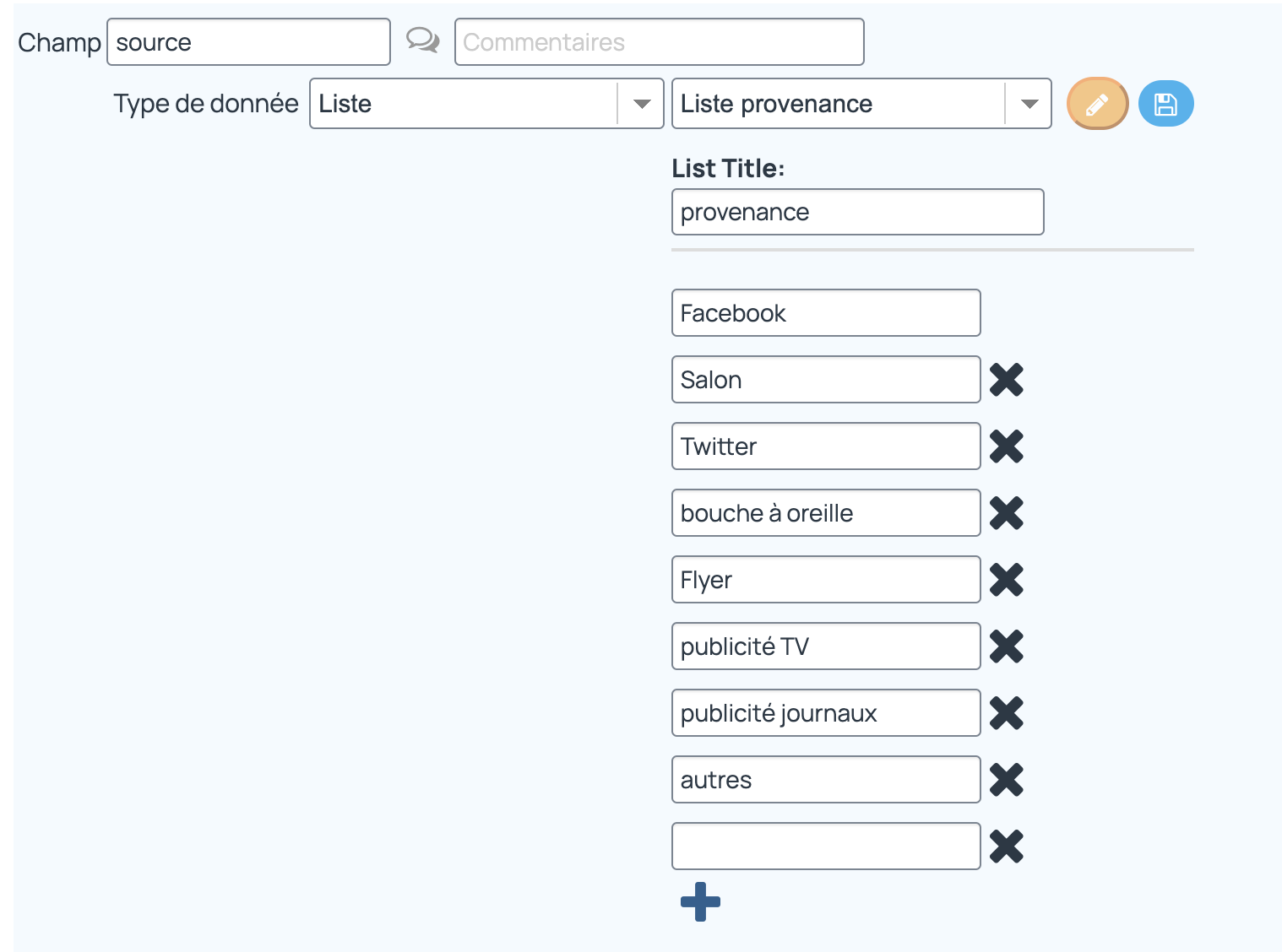 Lors de l'ajout ou la modification d'un champ personnalisé, vous pouvez sélectionner une liste existante et la modifier pour supprimer ou ajouter des valeurs à cette liste de données.