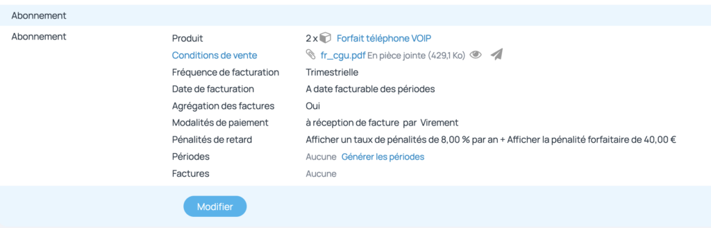 Le contrat d'abonnement est créé après avoir renseigné tous les éléments comme le nom du client, son produit facturé ainsi que tous les détails du contrat