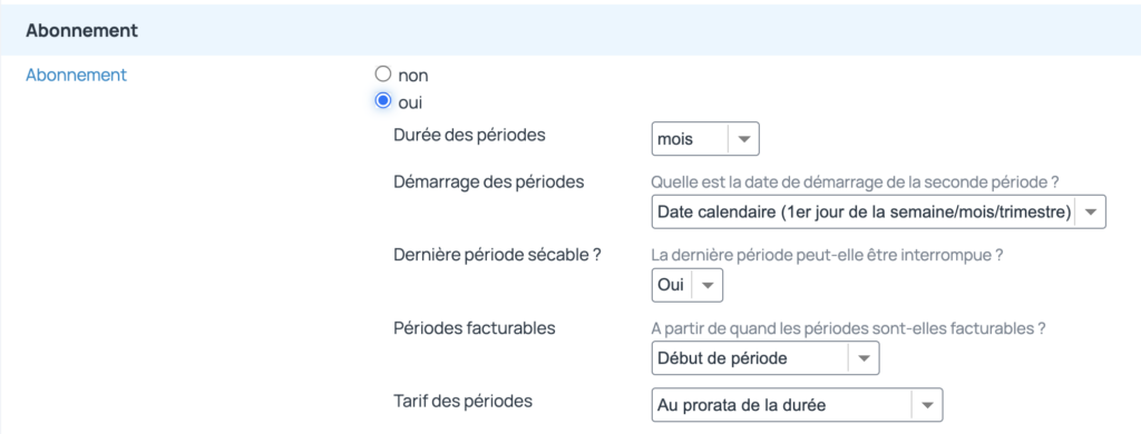 La facturation des abonnements passe par la création des produits d'abonnement qui dispose de leur propre période de facturation et conditions de paiements