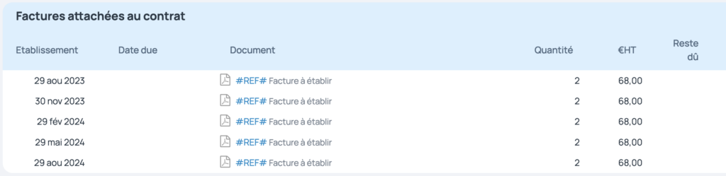 Quand les factures sont générées, elles sont en statut à établir. Elles sont alors disponibles pour être validées aux dates prévues. Si des factures sont déjà validées, leur numéro sera affichée et elles seront accessibles.