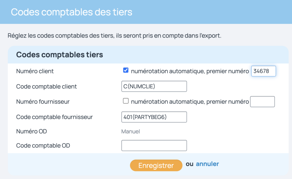 Une case à cocher permet d'activer la numérotation automatique des clients et/ ou des fournisseurs