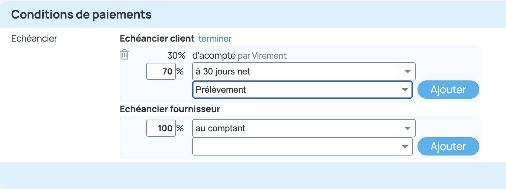 Configuration échéancier par défaut