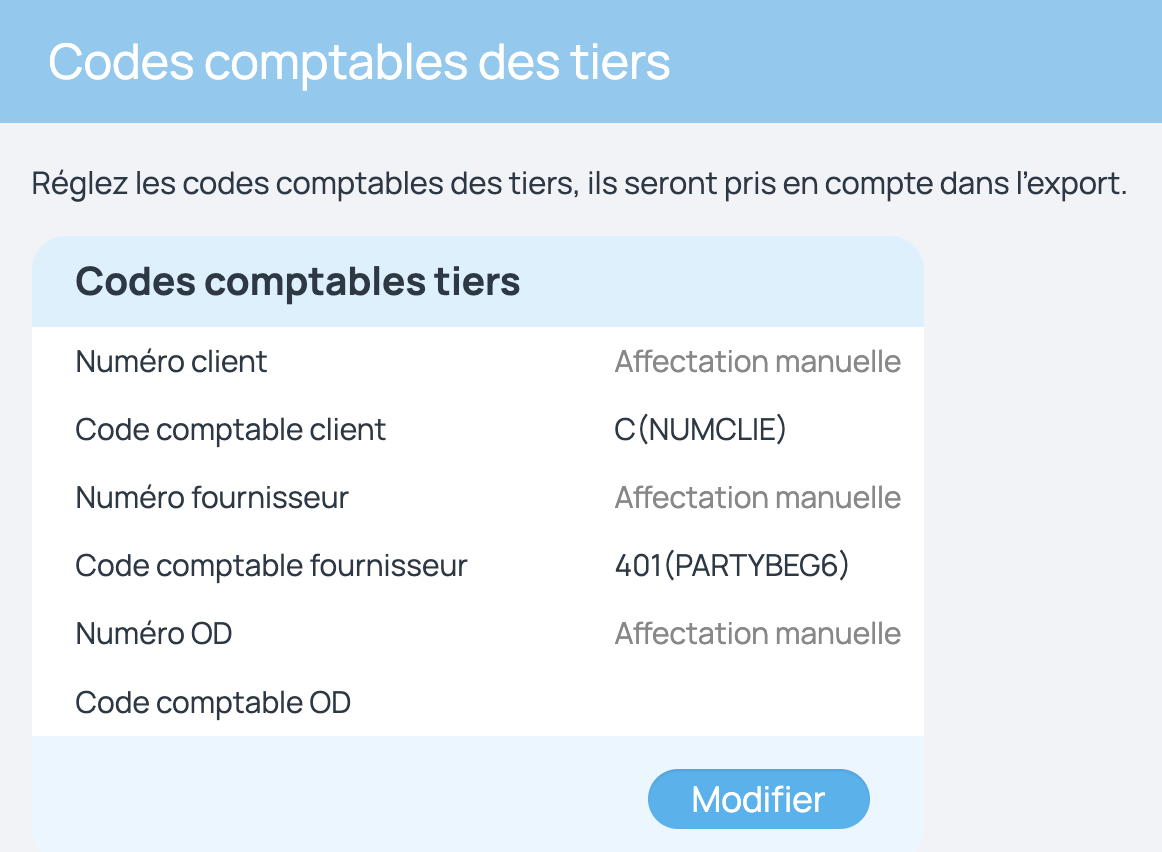 L'affectation automatique des numéros clients et fournisseur se règle depuis la configuration des codes comptables des tiers