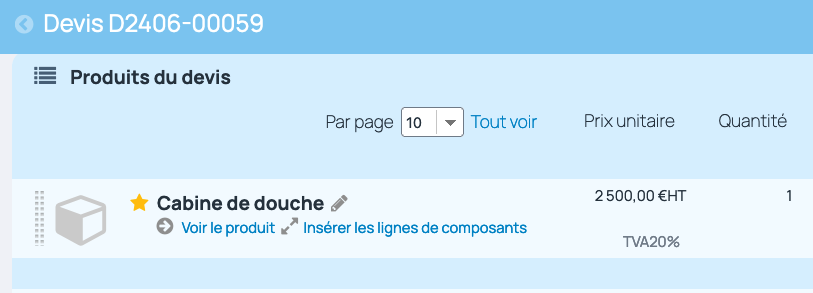 Le produit commercialisé et devisé est le produit composé et il apparait ainsi sur le devis.