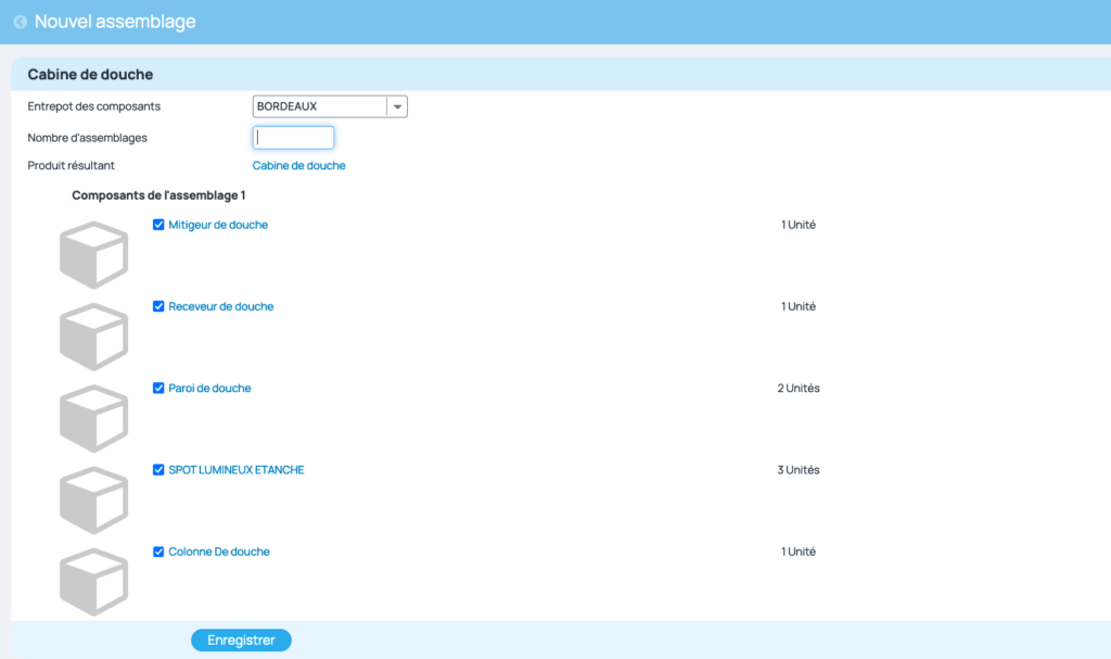 Cas le plus simple d'un assemblage sur un produit composé. Il faut simplement régler, la date, l'entrepôt et la quantité à produire. Le logiciel se charge de réaliser les mouvements de stock associés.