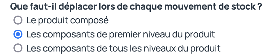 Sur les produits composés, à chaque vente, vous pouvez uniquement sortir les composantes si vous ne gérez pas le stock du produit final assemblé.