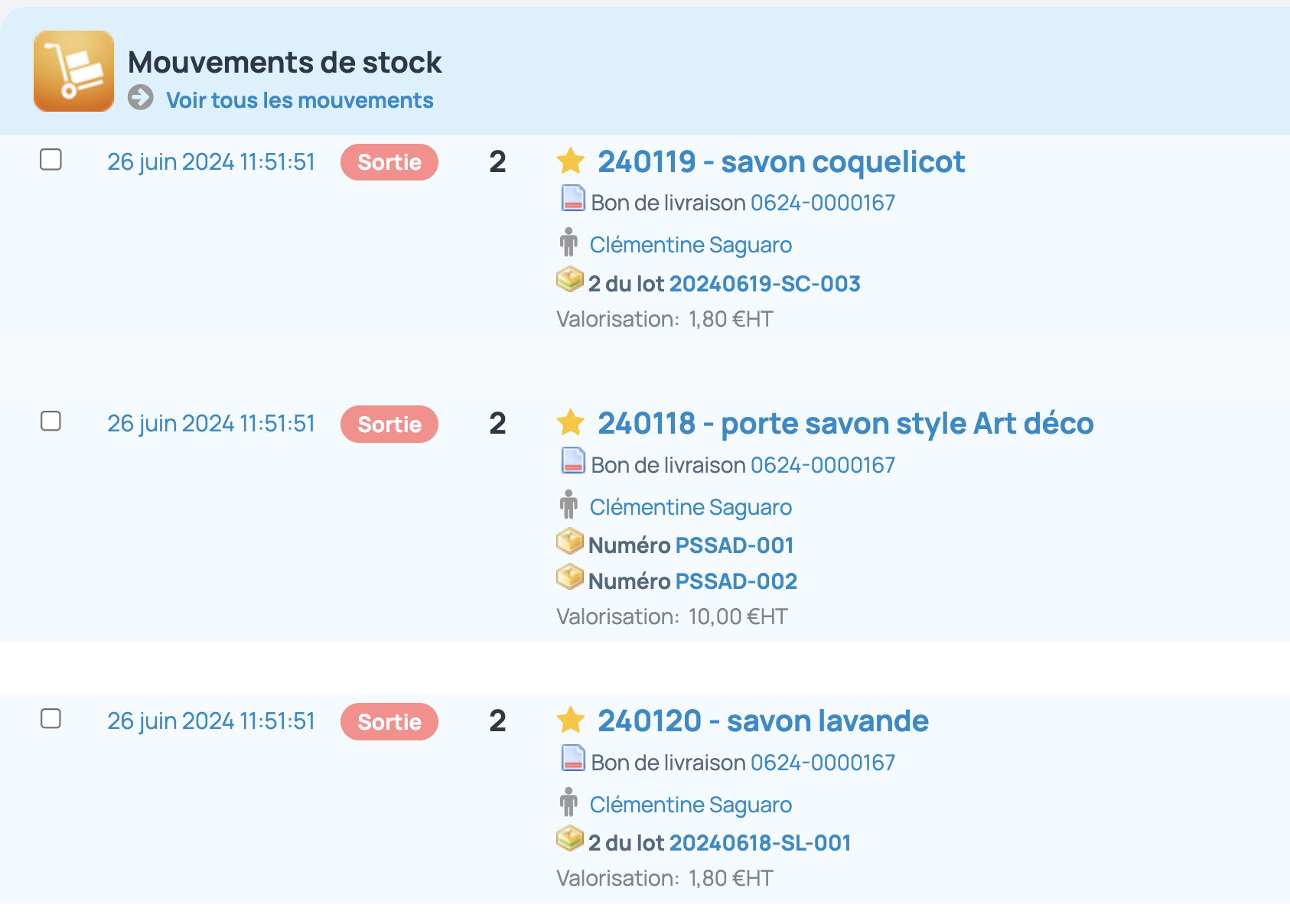 Chaque article a fait l'objet d'un mouvement de sortie de stock suite à la création du bon de livraison. Sur chaque ligne, le logiciel affiche l'article, la quantité et les numéros de lot et de série associés à ces mouvements.