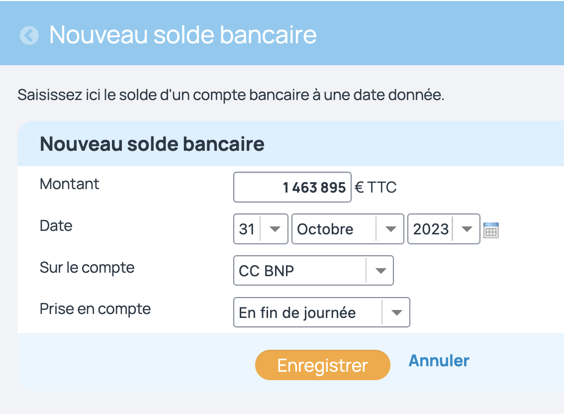 La date et la période de prise en compte du solde bancaire ainsi que le montant sont des informations obligatoires pour la saisie d'un solde