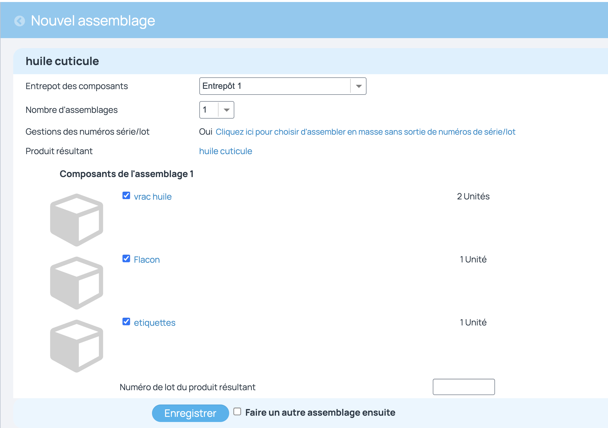 L'action de production ou d'assemblage du produit va ajouter une seule quantité d'article en stock sur le numéro de lot entrer