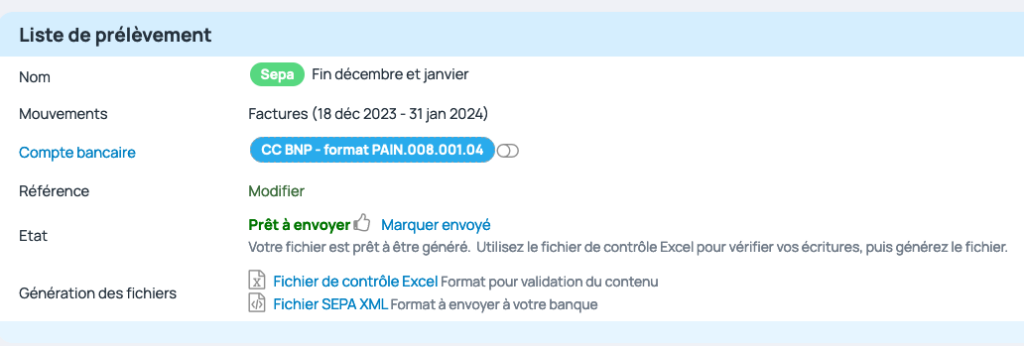 Une fois la liste mise à jour, il faut controlé les éléments sur le fichier de prélèvement à transmettre. Une fois que c'est fait, on peut envoyer le fichier XML à la banque