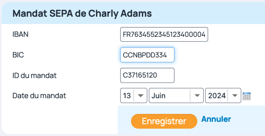 Sur le mandat SEPA, Les données bancaires du client sont à renseigner ainsi que l'ID unique et la date de celui ci.