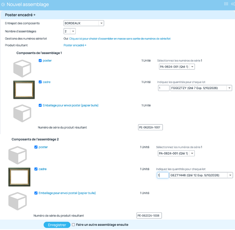 Avec des produits finis avec numéros de lot ou numéro de séries, il est préférable de créer des assemblage un à un. Plutôt que de réaliser un assemblage à la fois, le logiciel permet de créer plusieurs assemblage en une seule validation