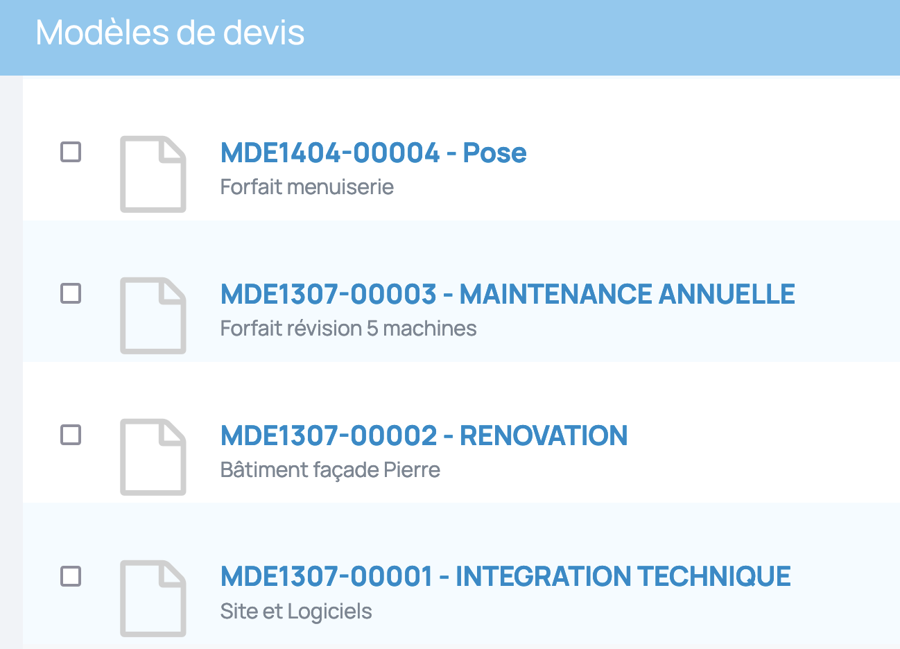 Liste modèles devis