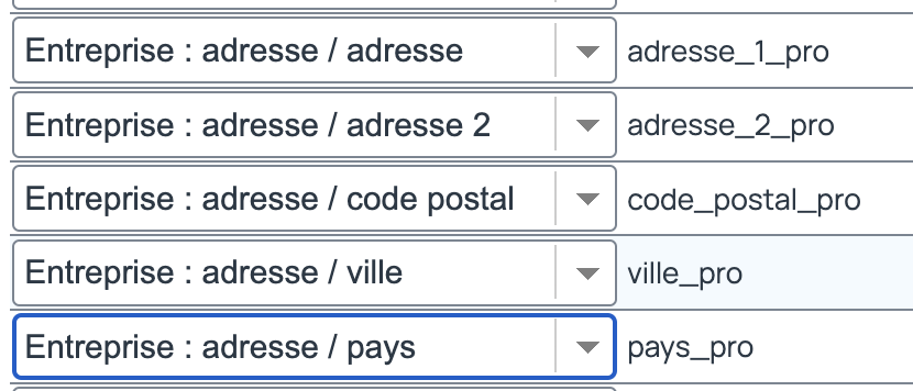 Rapprochement des colonnes et les champs incwo pour l'adresse de l'entreprise