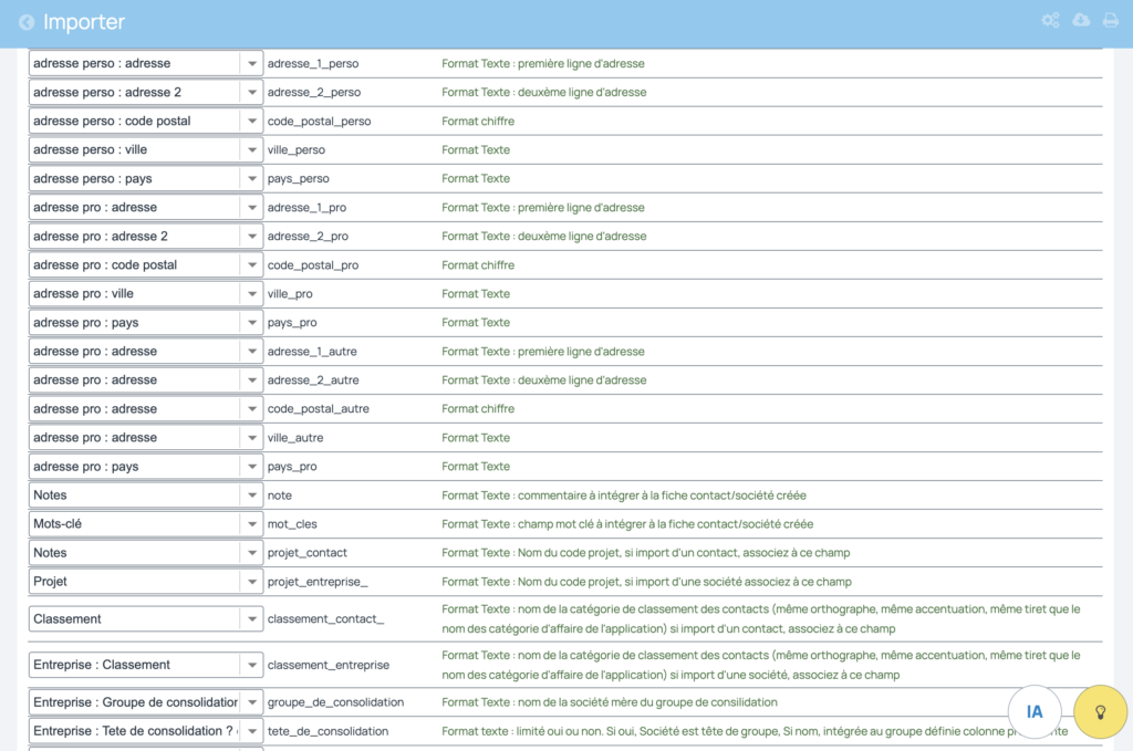 Suite de l'étape permettant de rapprocher les colonnes du logiciel avec les champs incwo pour créer des contacts et des sociétés