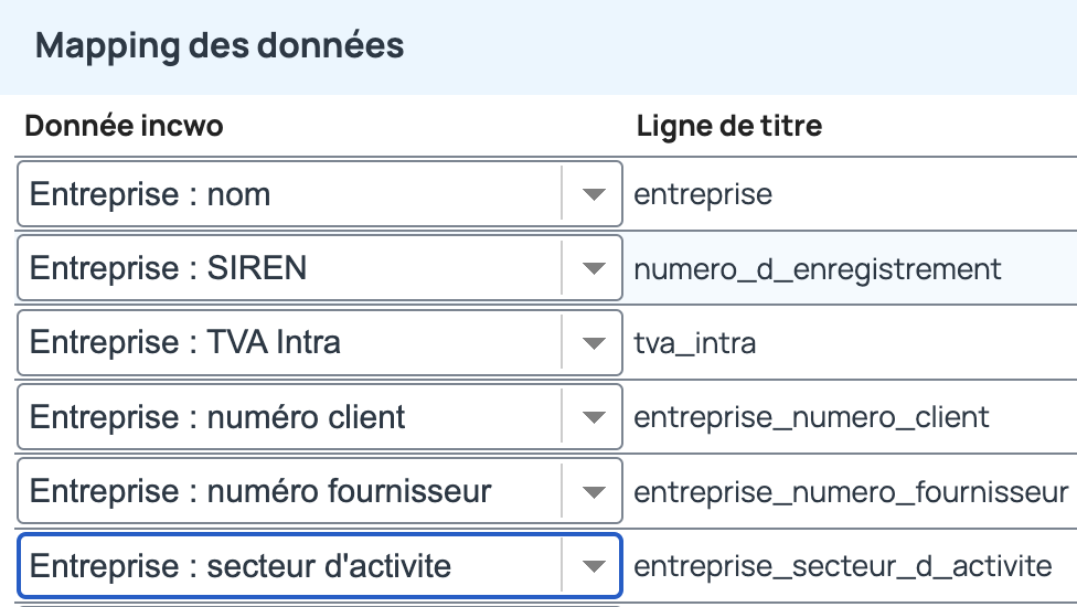 Rapprochement des colonnes et les champs incwo pour les données de l'entreprise