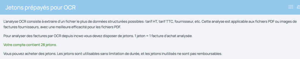 Pour utiliser l'OCR, il faut des jetons. Une page spéciale est disponible pour consulter son solde de jetons et en acheter de nouveau