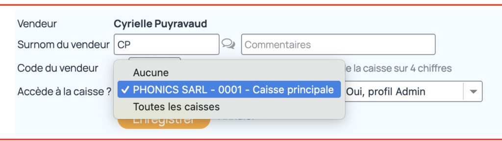 Pour supprimer un vendeur des caisses, il faut le modifier et indiquer qu'il n'accède à aucune caisse