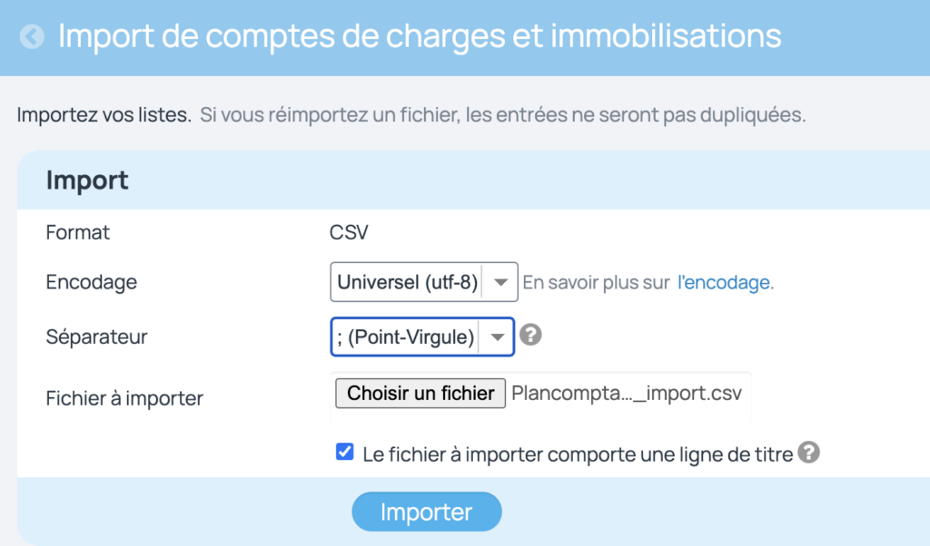 importer des comptes de charges et immo