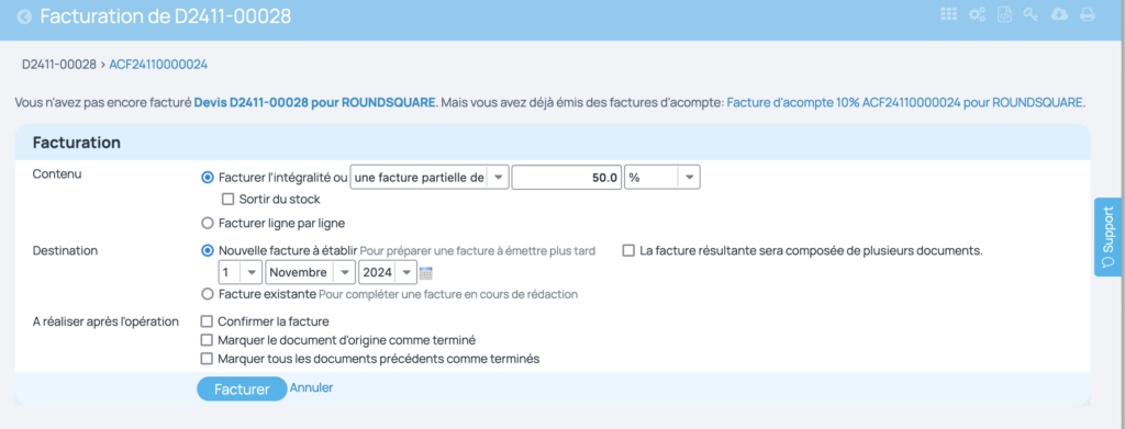 Facturation partielle avec acompte