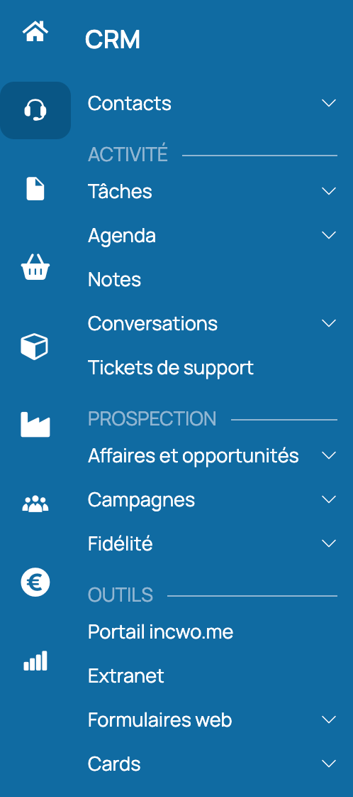 Menu CRM dans incwo