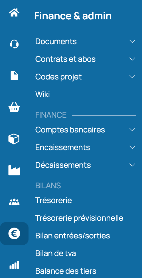 Menu Finance dans incwo