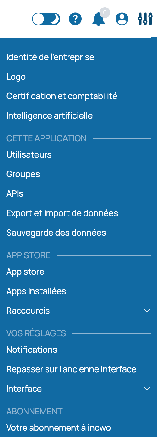Menu Réglages dans incwo