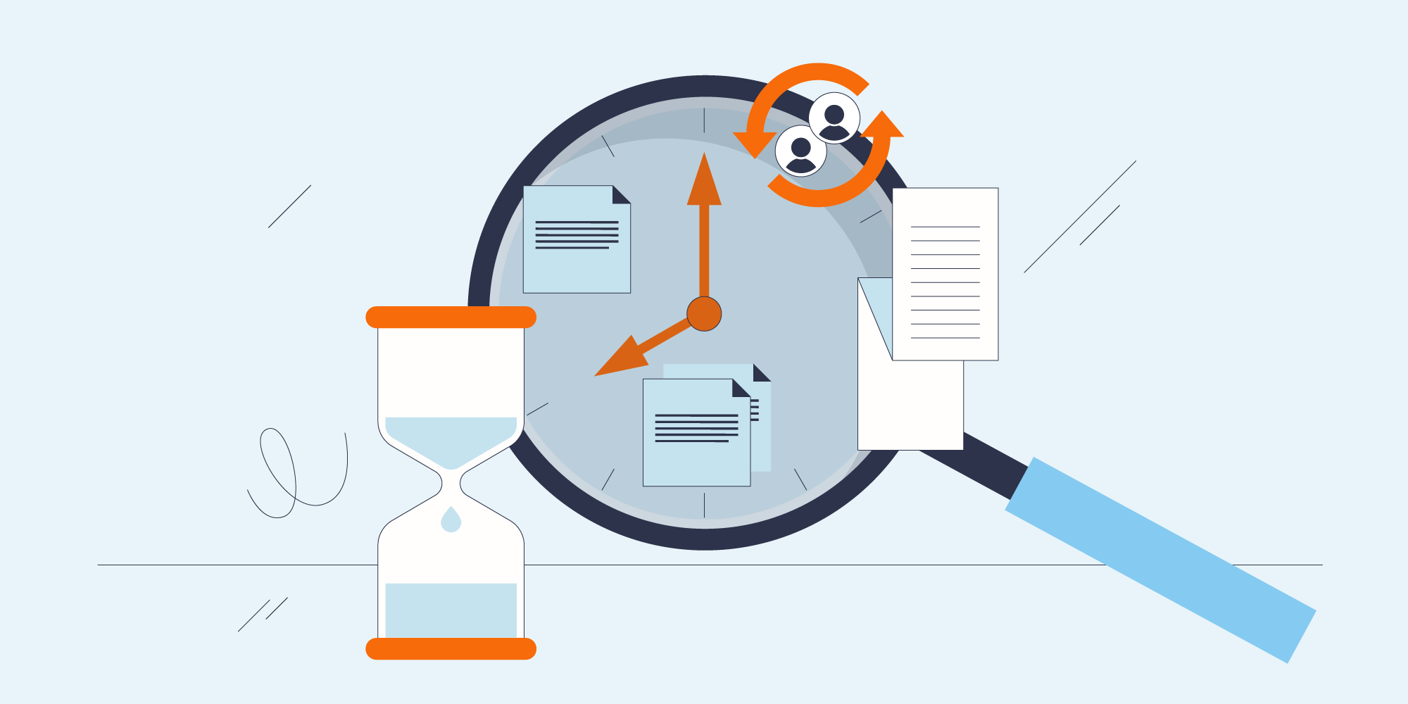 Illustration du suivi d’activité dans incwo : horloge, documents et loupe pour symboliser traçabilité et contrôle en temps réel.